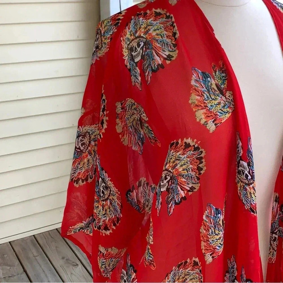 Giddy Up Glamour Kimono Cardigan Chiffon Red Cowboy Skull Print S/M *read - Picture 4 of 8